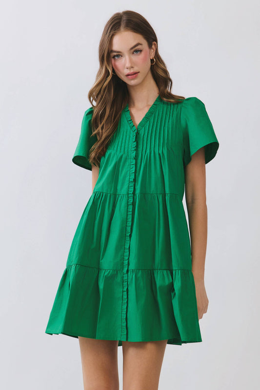Front Button-Down Pleated Detail Ruffle Mini Dress