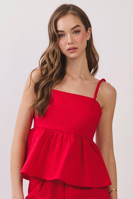 Beaded Strap Peplum Sleeveless Top in Red