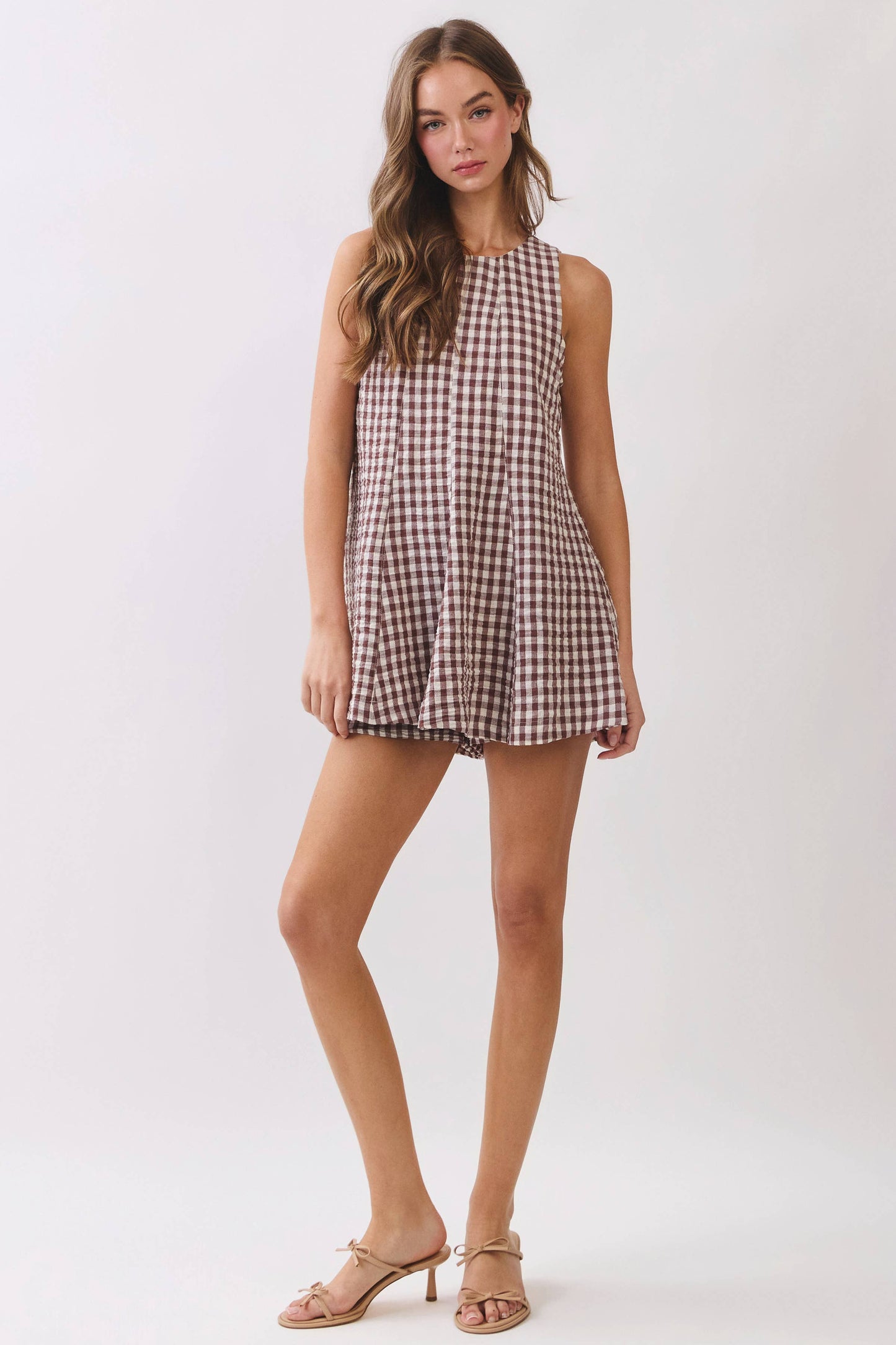 Brown Gingham Sleeveless Baby Doll Romper