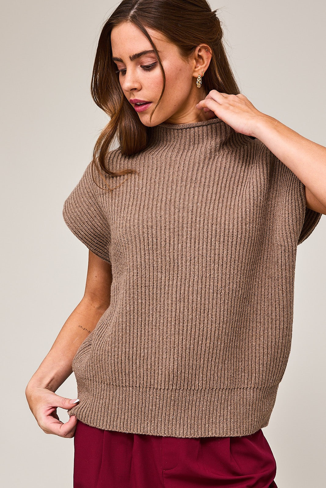 Mock Neck Short Sleeve Sweater in Mocha