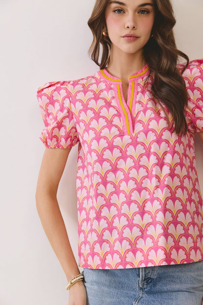 Geometric Print Split Neckline Puff Sleeve Top