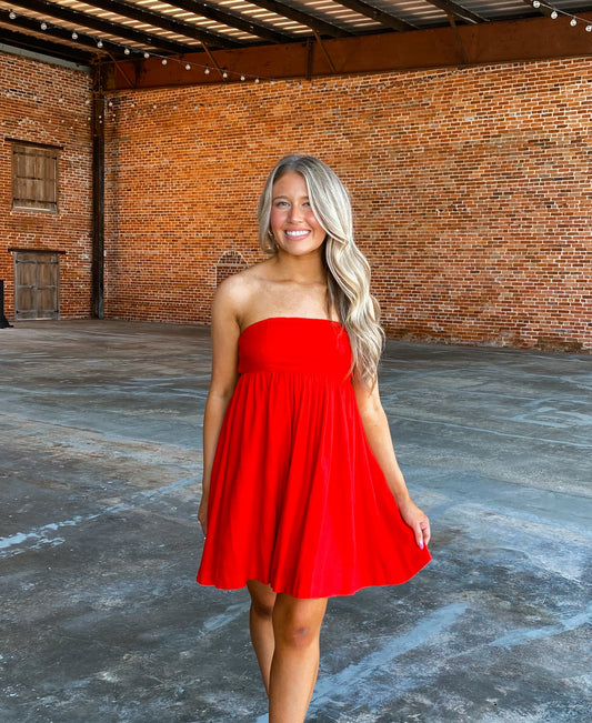 Strapless Linen Open Back Mini Dress in Red