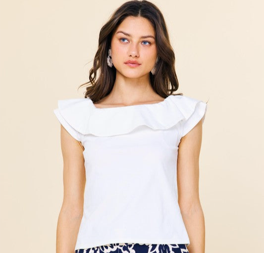 Off Shoulder Ruffle Knit Top In White