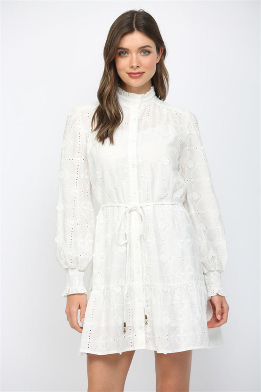 Floral Embellished Eyelet Dress In Off White