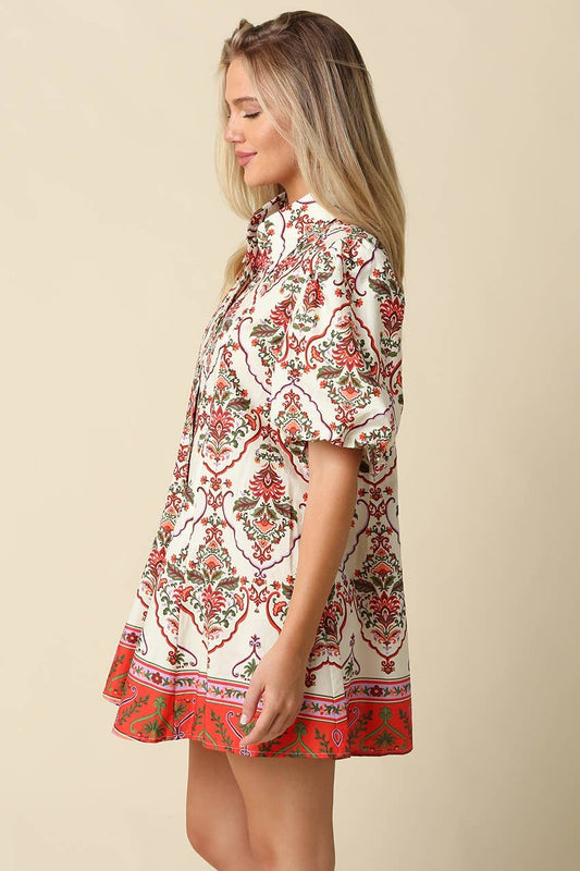 Mary Print Puff Sleeve Mini Dress