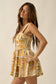 Tropical-Print Sleeveless Button-Front Tiered Ruffle Romper