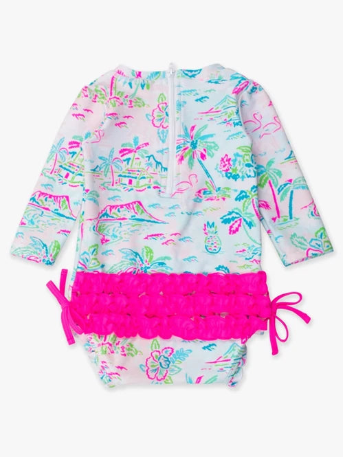 RuffleButts Tropical Resort Long Sleeve One Piece Rash Guard