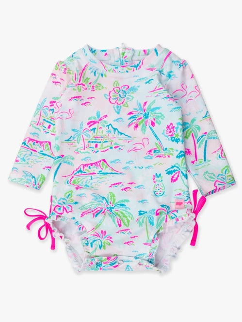RuffleButts Tropical Resort Long Sleeve One Piece Rash Guard