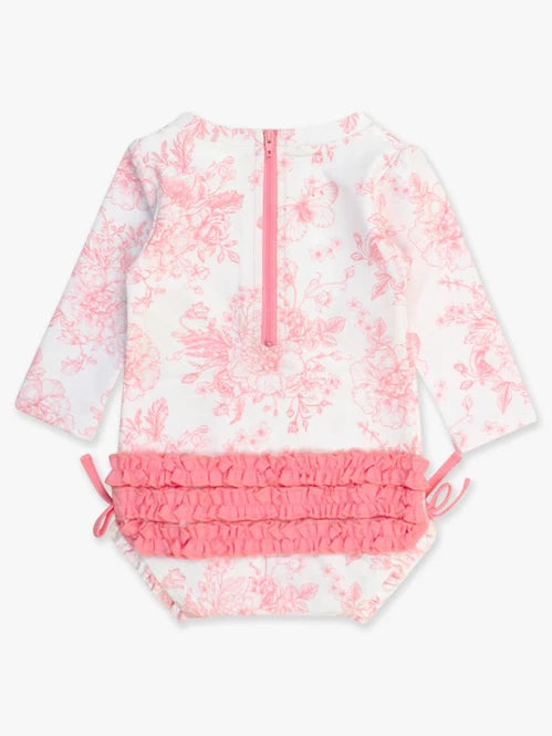 RuffleButts Bubblegum Pink Butterfly Garden Toile Long Sleeve One Piece Rash Guard