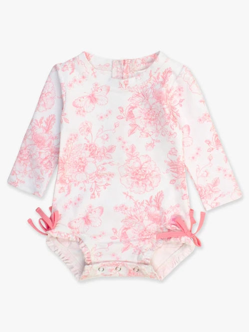 RuffleButts Bubblegum Pink Butterfly Garden Toile Long Sleeve One Piece Rash Guard