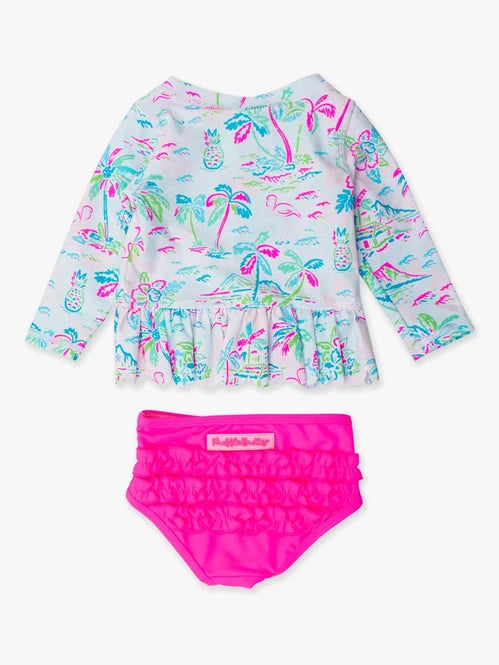 RuffleButts Tropical Resort Scallop Hem Long Sleeve Rash Guard Bikini