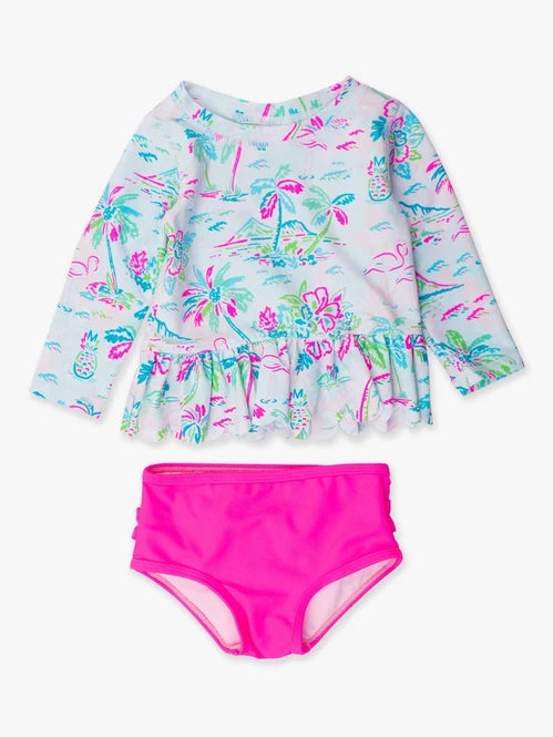 RuffleButts Tropical Resort Scallop Hem Long Sleeve Rash Guard Bikini
