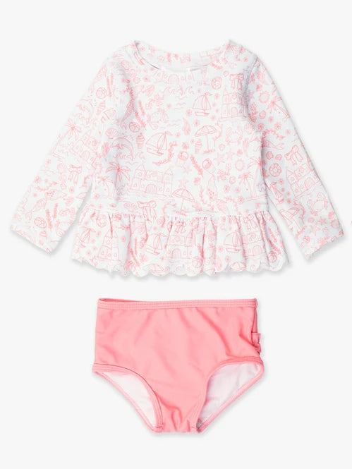RuffleButts By The Seaside L/S Rash Guard Bikini