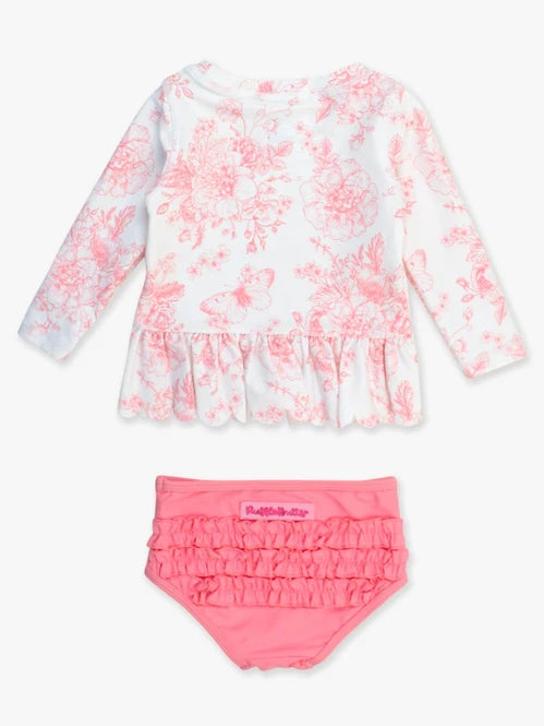 RuffleButts Bubblegum Pink Butterfly Garden Toile Scallop Hem Long Sleeve Rash Guard Bikini