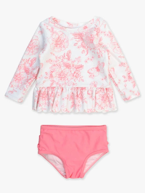 RuffleButts Bubblegum Pink Butterfly Garden Toile Scallop Hem Long Sleeve Rash Guard Bikini