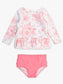 RuffleButts Bubblegum Pink Butterfly Garden Toile Scallop Hem Long Sleeve Rash Guard Bikini