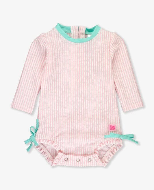 RuffleButts Pink Seersucker One Piece Rash Guard