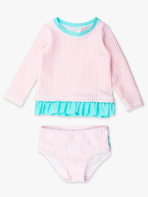 RuffleButts Pink Seersucker Rash Guard Bikini