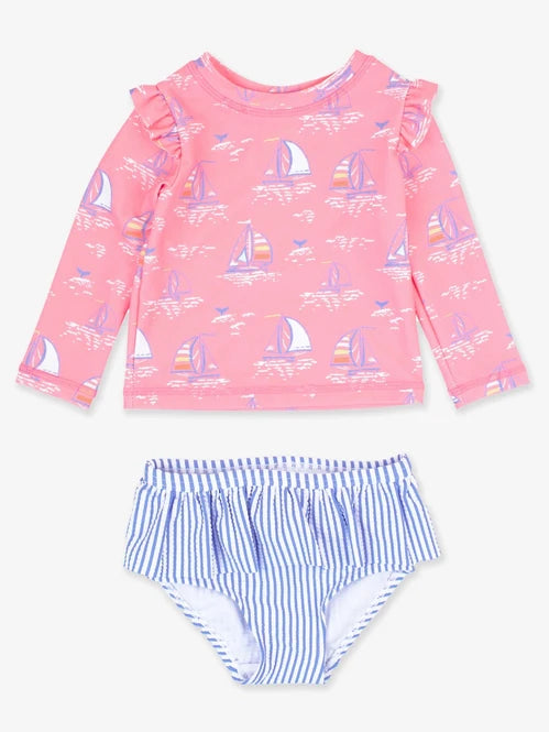 RuffleButts Pink Seas The Day L/S Rash Guard Bikini