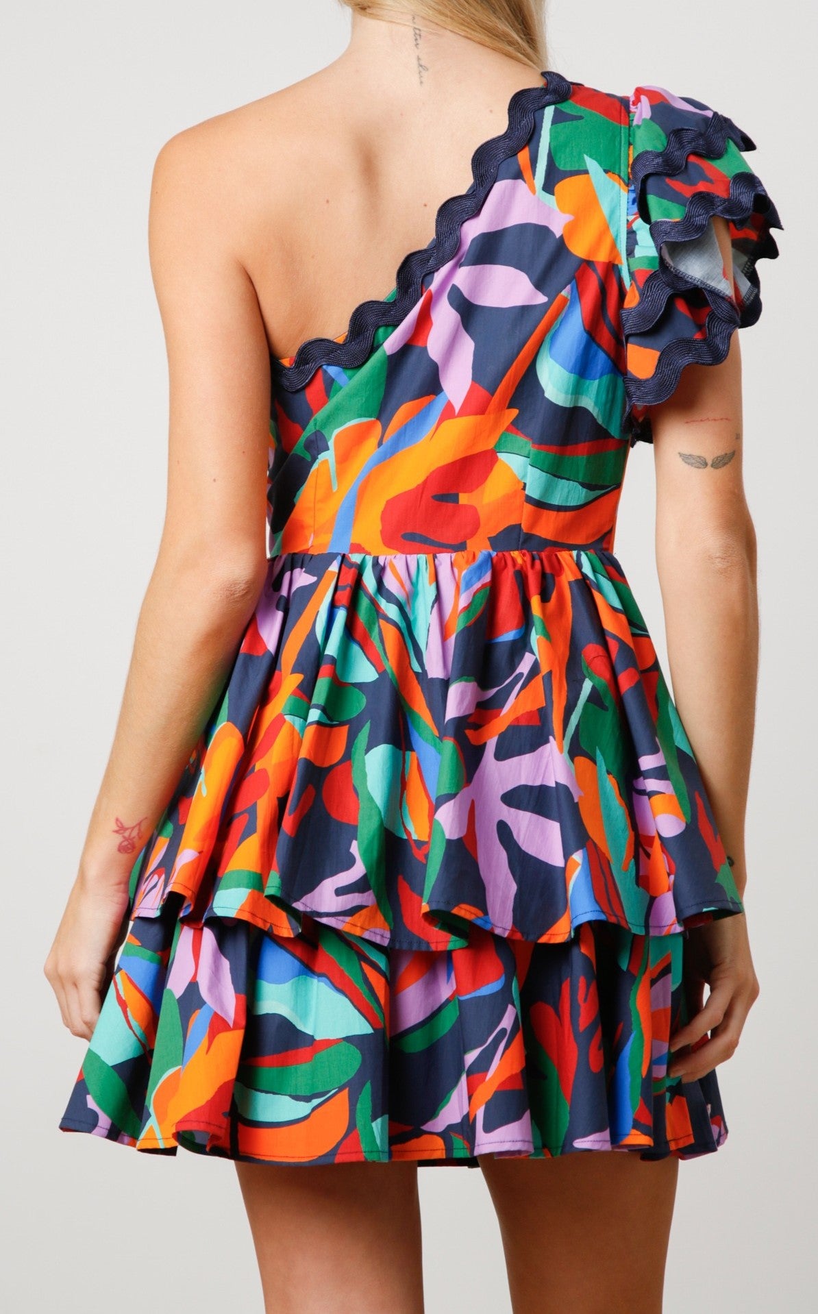 Tropical Abstract One Shoulder Ruffle Dress