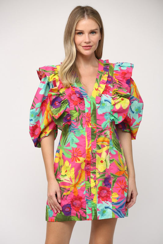 Tropical Print Poplin Dress