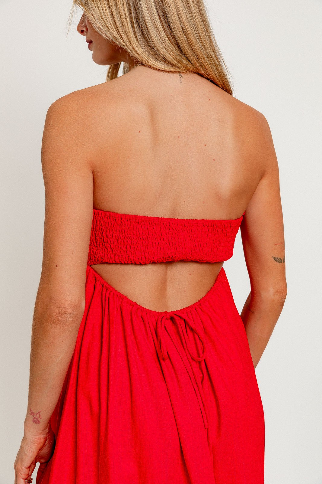 Strapless Linen Open Back Mini Dress in Red