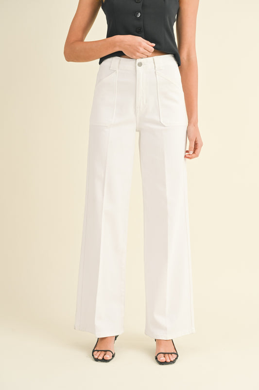 Casey Patch Pocket Wide Leg Flare White Jeans