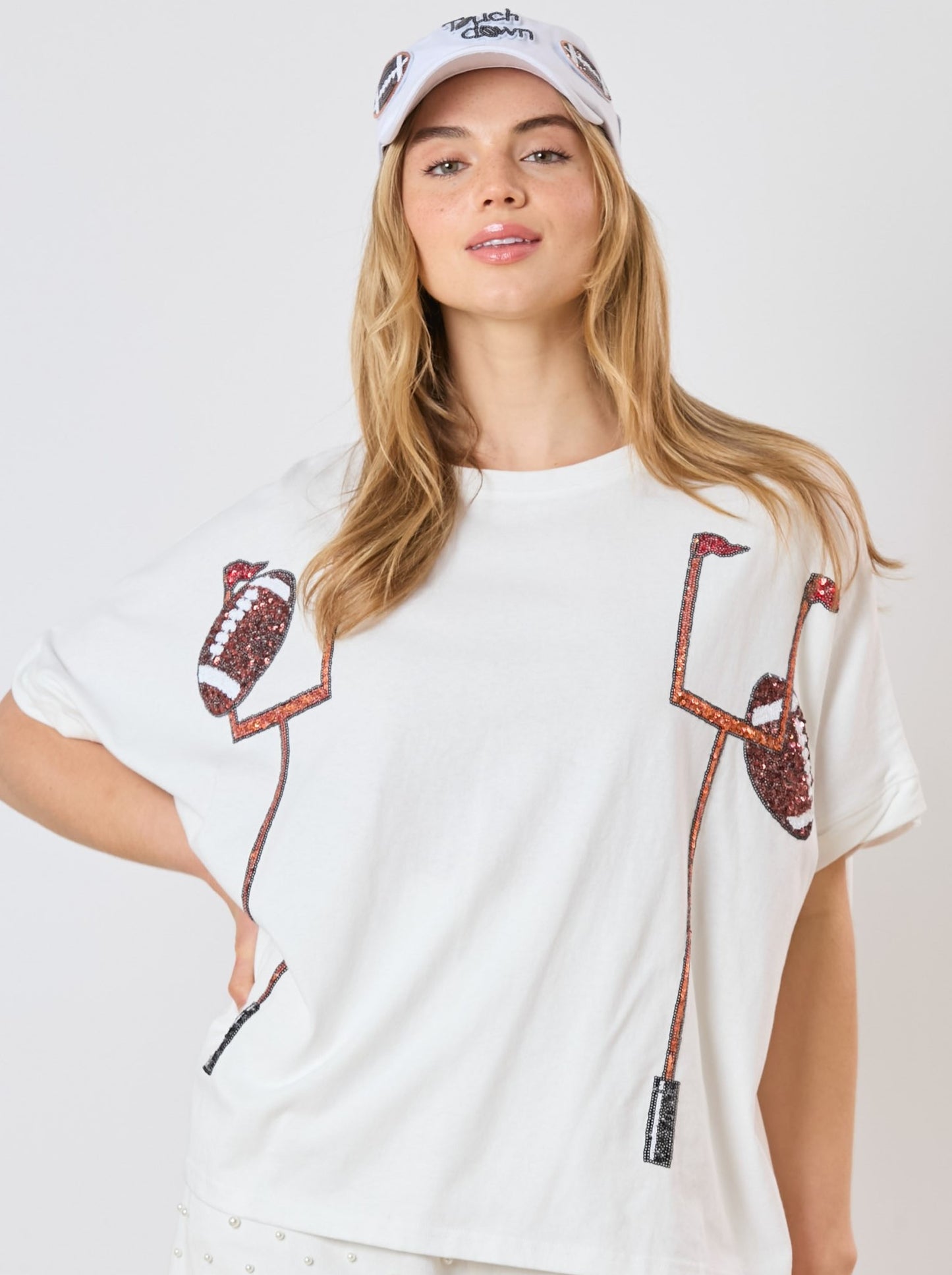 Sequin Football Goal Tee in White