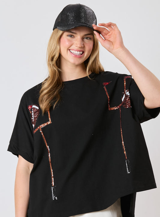 Sequin Football Goal Tee in Black