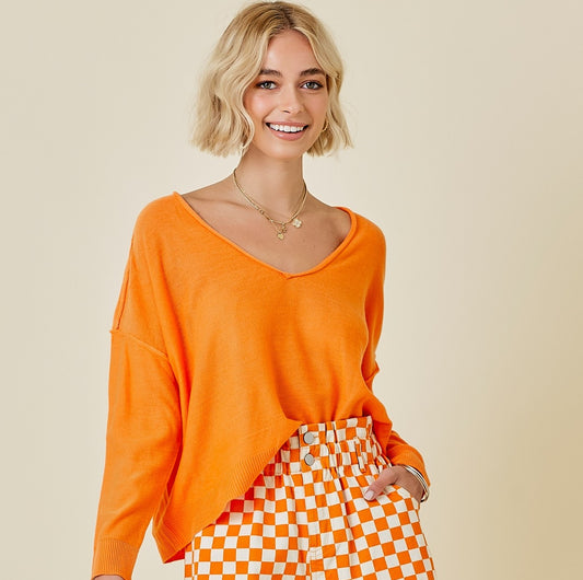 Light Weight V Neck Sweater in Orange