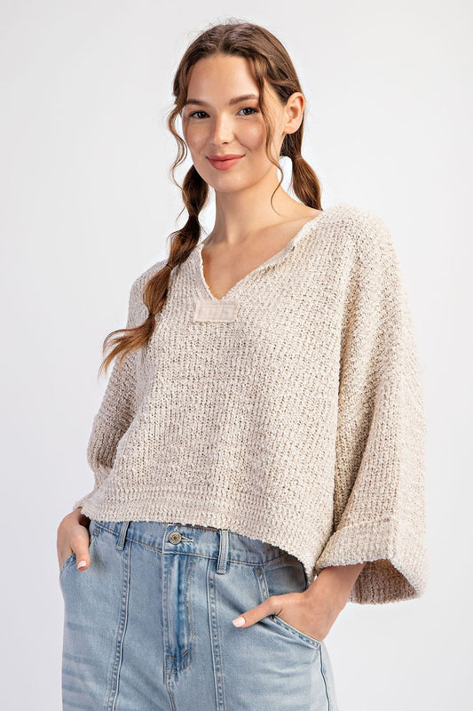 Textured V Neck Oversized Crop Sweater