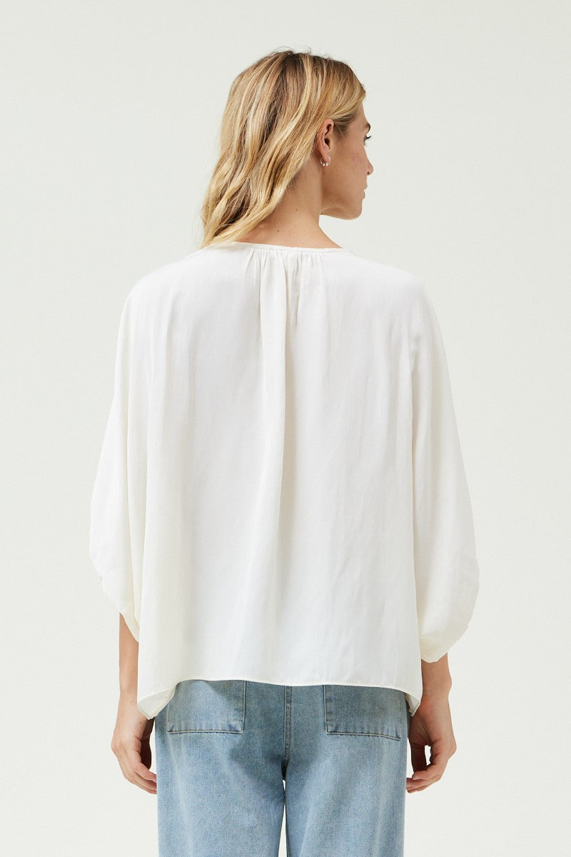 Loose Sleeve 3/4 Satin Blouse in Cream