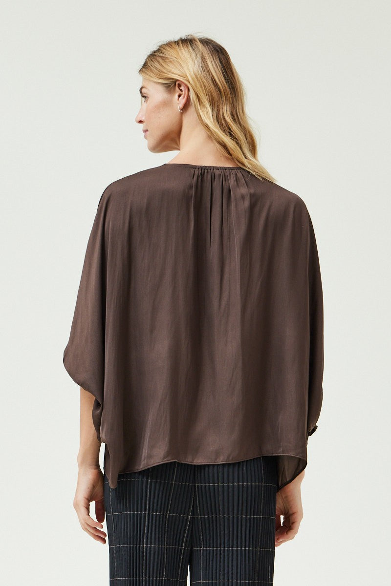 Loose Sleeve 3/4 Satin Blouse in Chocolate Brown