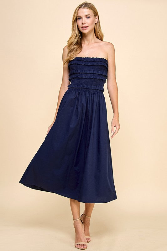Smocked Ruffle Strapless Dress In Navy