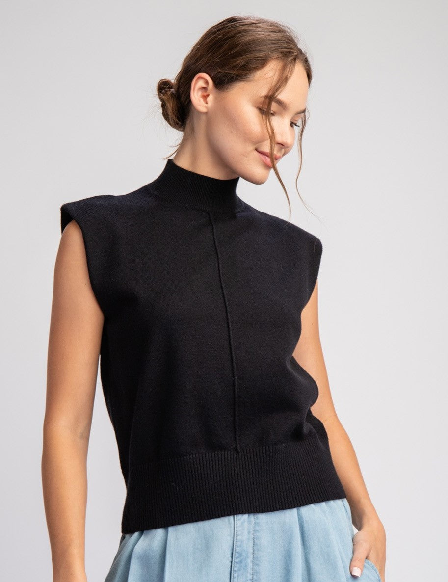 Mock Neck Sleeveless Sweater Top in Black