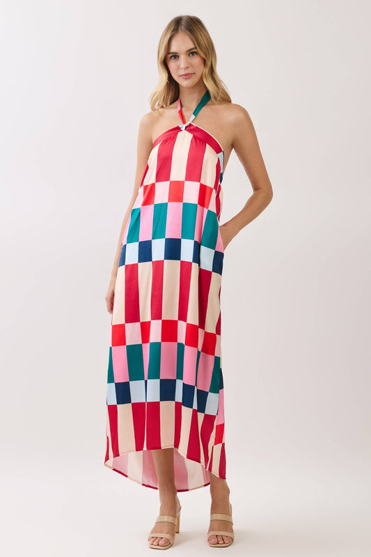 Colorblock Check Halter Maxi Dress
