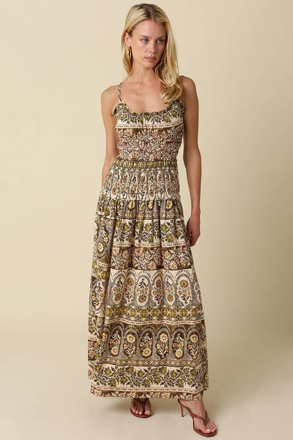 Autumn in Capri Smocked Print Maxi Dress