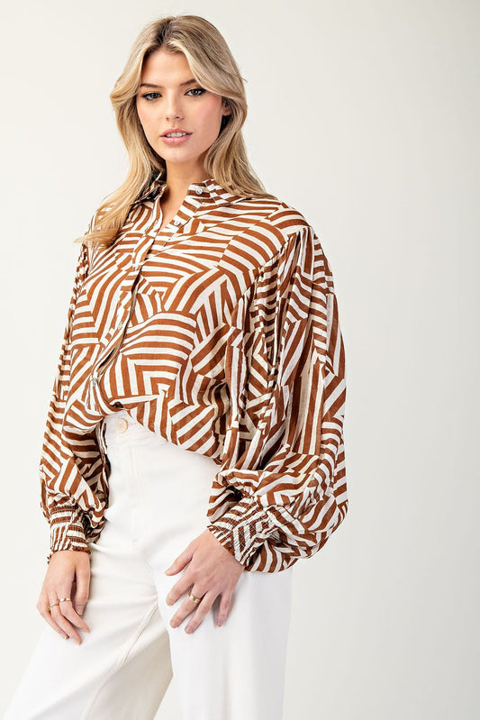Printed Bubble Sleeve Button Down Top In Coco