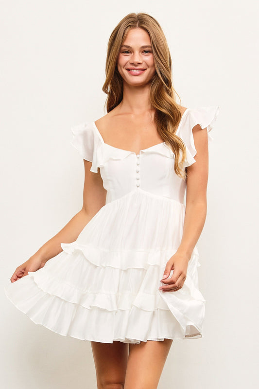 Flutter Sleeve Tiered Dress in White