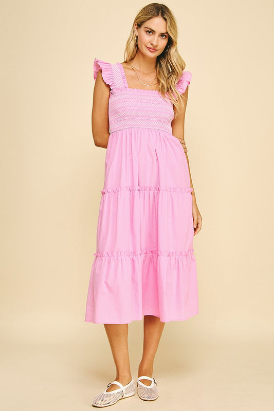 Brighter Days Smocked Midi In Candy Pink