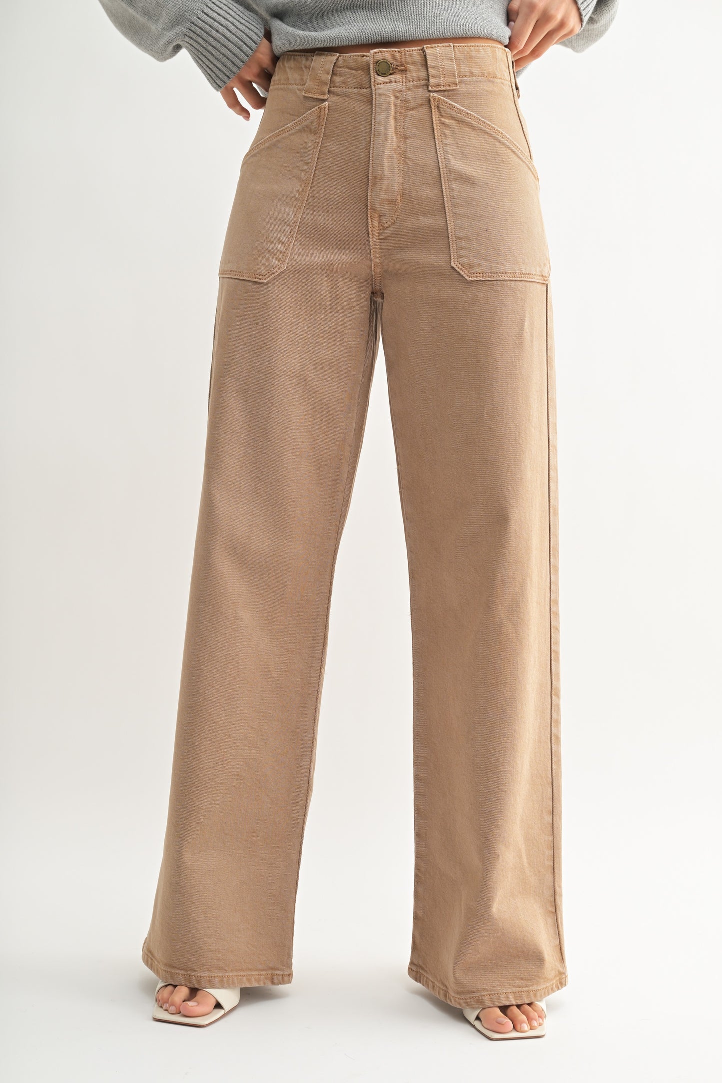 Vintage Khaki Patch Pocket Wide Leg Flare Jeans