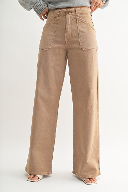 Vintage Khaki Patch Pocket Wide Leg Flare Jeans