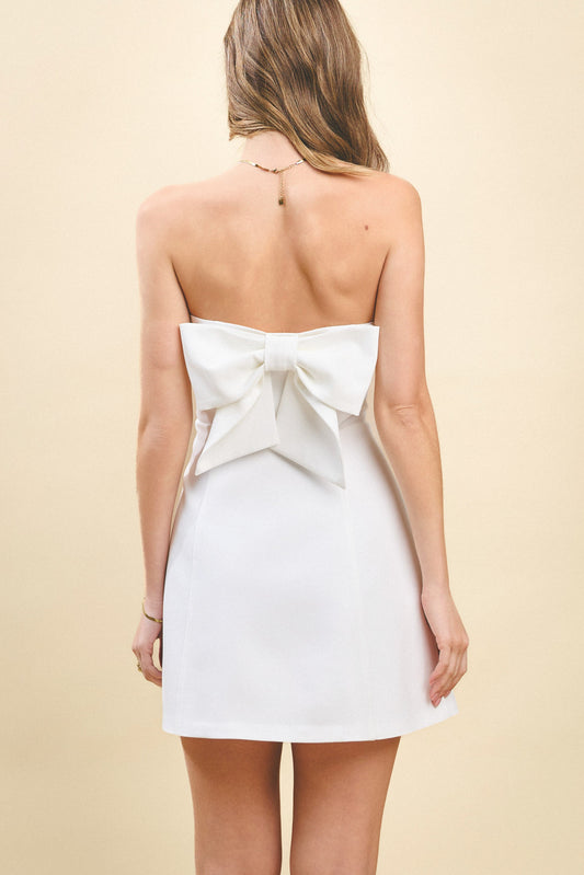 Bow Back Strapless Dress In White