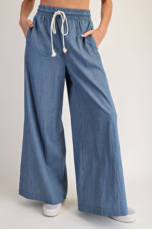 Pinstripe Tie Waist Wide Leg Denim Pants