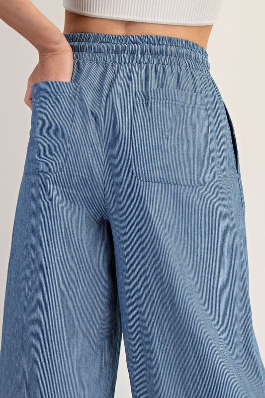 Pinstripe Tie Waist Wide Leg Denim Pants