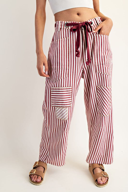 Stripe Drawstring Barrel Pants In Raspberry