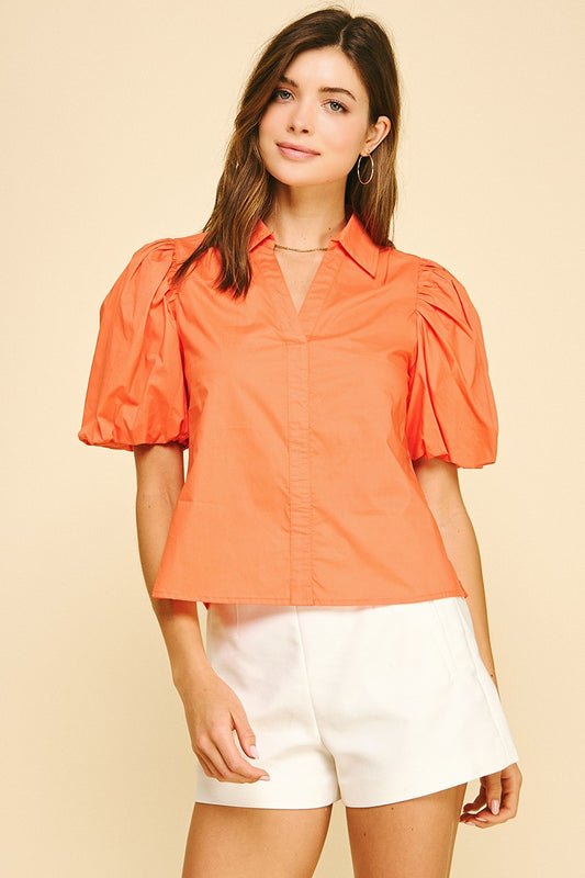 Bubble Sleeve Blouse Top In Orange