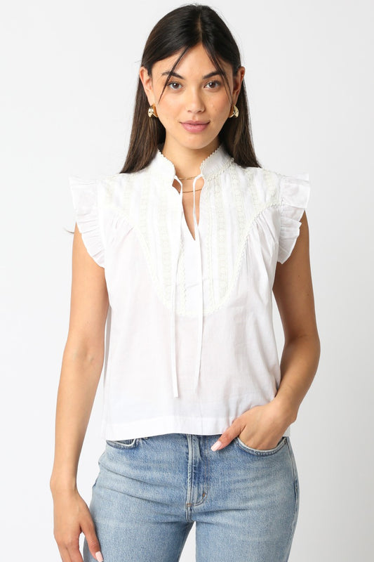 Jessica Ruffled Lace Trim Top In White