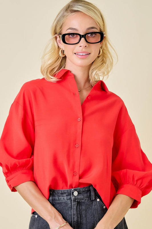 So Chill Button Down Top In Candy Red