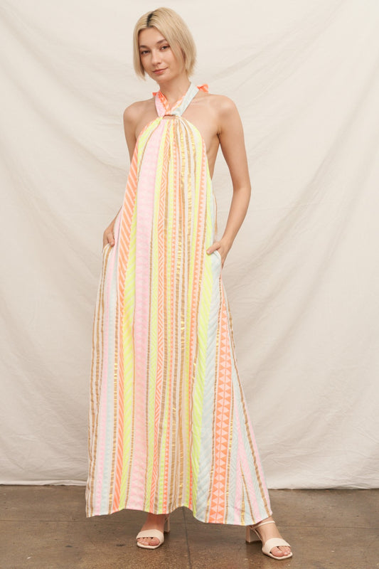 Pink Neon Lurex Striped Maxi